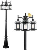 Dusk to Dawn Outdoor Lamp Post Light with 3 LED Bulbs Triple Head Aluminum Street Light Post for Outside with Sensor Waterproof Birdcage Pole Lighting Fixture for Backyard Garden Patio Driveway