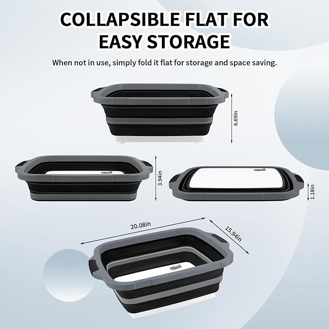 2-Pack XL Collapsible BBQ Prep Tub with Built-In Cutting Board Lid &amp Strainer (4.22 Gal / 16L) – Marinate Drain &amp Prep – Perfect for Grilling Smoking &amp Outdoor Cooking-Black