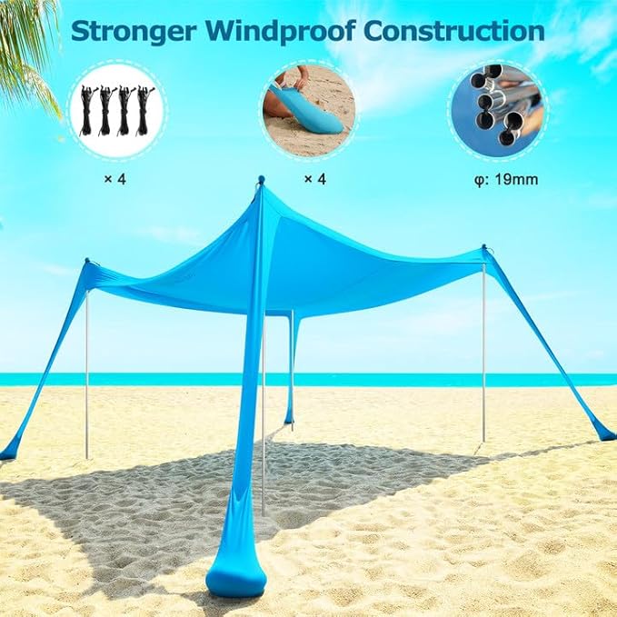 COMMOUDS Beach Tent Sun Shelter - UPF50+ Pop Up Beach Canopy with Sandbags &amp Sand Shovel &amp Windproof Poles Portable Sun Shade for Beach Camping Picnics Backyard