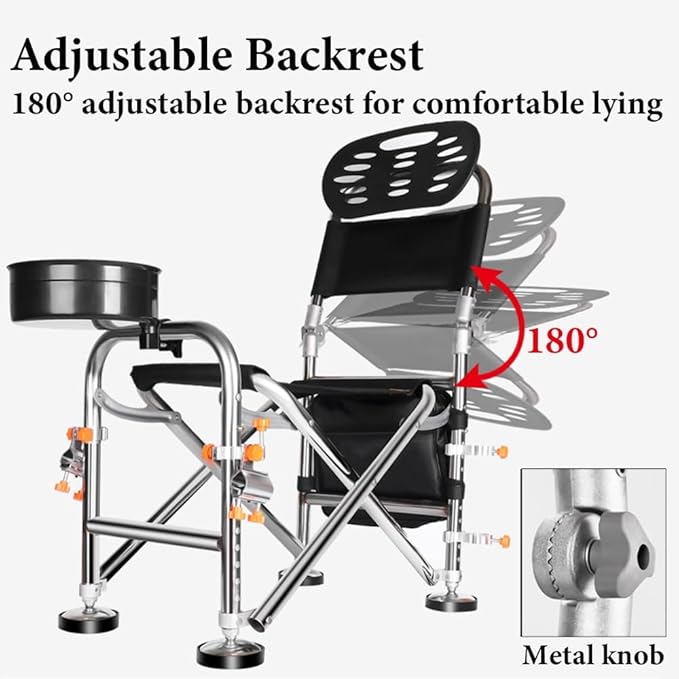 Fishing Chair with Rod Holder Folding Ice Fishing Chair Multi-Functional Stainless Steel Fishing Stool Height Retractable 10.5 Inch Backrest Adjustable 180° with Portable Storage Bag