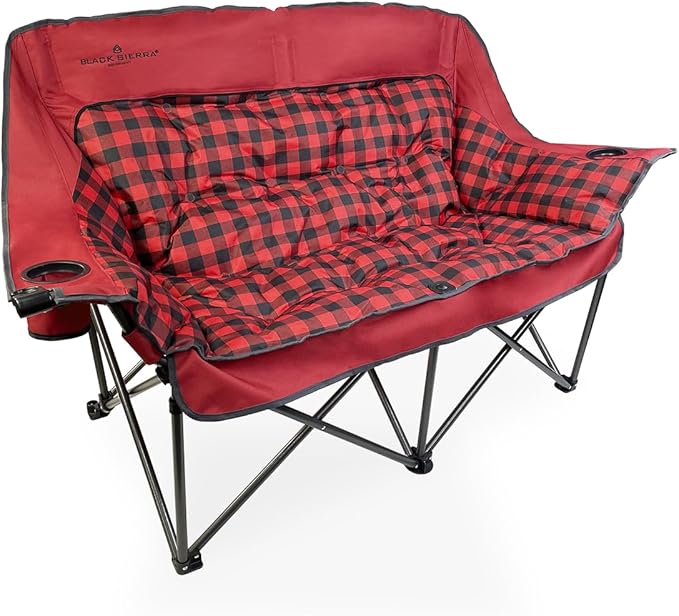 Black Sierra Double Camping Chair for Adults Oversized Folding Loveseat Supports 600 lbs Plush Padded Outdoor Couch with Cup Holders and Carry Bag for Beach Patio RV or Tailgating Events