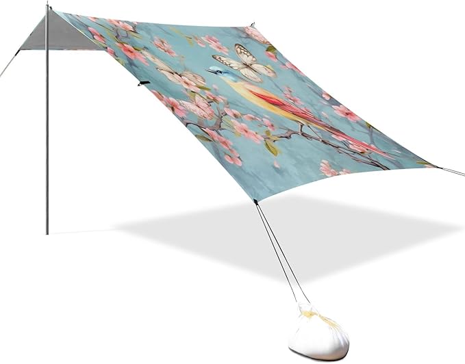 Beautiful Bird Beach Tent Sun Shelter 9.2' x 10.5' Beach Canopy with 4 Sandbags 4 Stability Poles Sand Shovels - Tent Canopy for Beach Camping Fishing Picnics