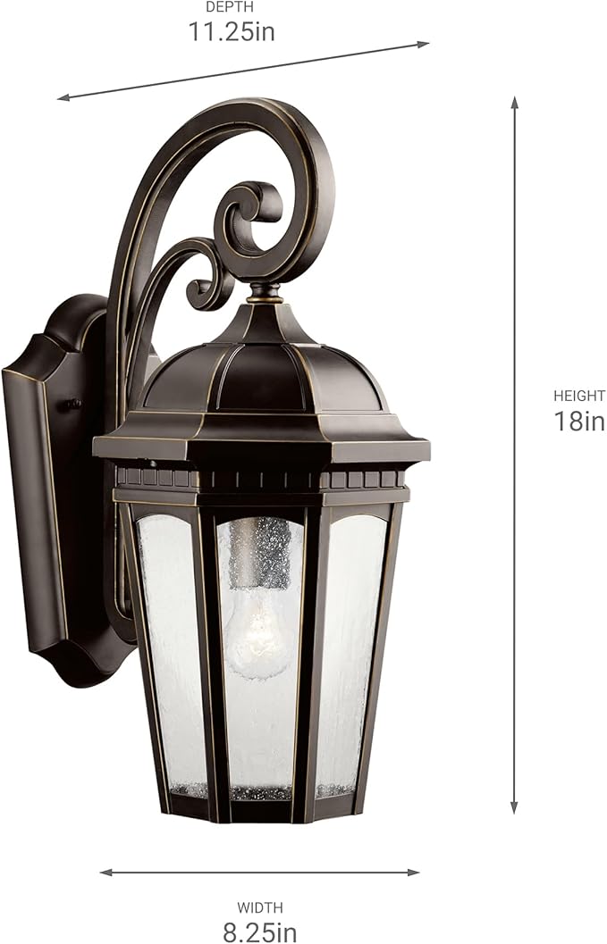 Kichler Courtyard 17.75 1 Light Outdoor Wall Light with Clear Seeded Glass in Rubbed Bronze for Entry or Garage Doors 18 H x 8.25 W x 11.25 Ext.) 9033RZ
