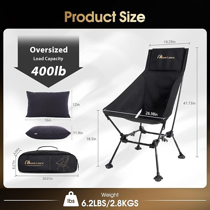 MOON LENCE Oversized High Back Camping Chair with Pillow for Adults Height Adjustable Folding Chair with 400 lbs Capacity Hidden Pillow Pocket &amp Wide Seat for Camping Fishing Base Camp Black