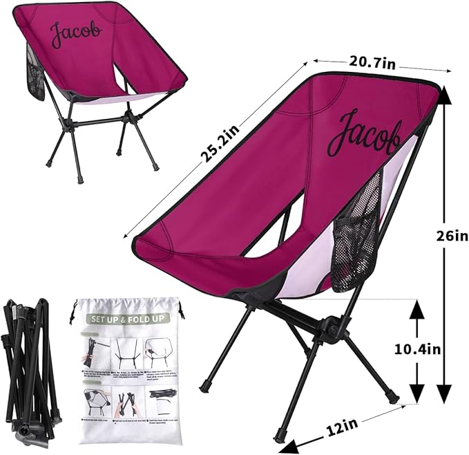 Custom Camping Chair Personalized Portable Backpacking Chair with Name Lightweight Folding Chair for Beach Hiking Rose Red