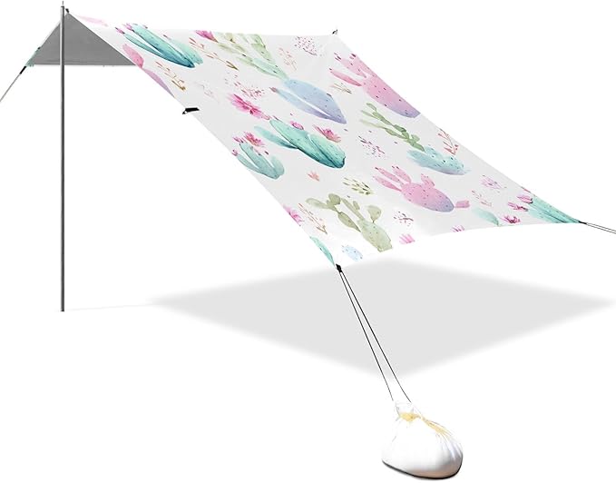 Bolaz Beach Canopy Tent Sun Shade9'×10.5' Large Family Beach Shade UPF50+- Outdoor Shade for Camping Trips FishingWatercolor Cute Cactus Pattern