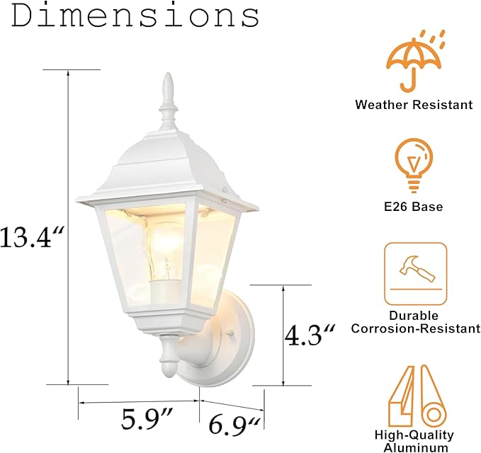 Outdoor Wall Lantern 2 Pack White Waterproof Porch Light with Clear Glass Weather-Resistant Aluminum Sconce for Garage Patio Garden Front Door E26 Bulb (Bulbs Not Included)