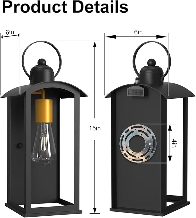 Dusk to Dawn Outdoor Wall Light Fixtures 15inch Waterproof Patio Lanterns Exterior Wall Mount Lantern Sconce with Glass Black Wall Sconces for House Garage Front Door