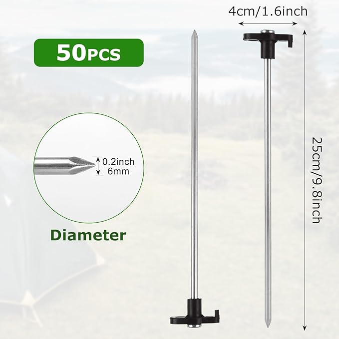 50 Pack Tent Stakes Heavy Duty Camping Stake 10 Inch Yard Stakes Metal Tent Pegs Ground Stakes Tent Spikes for Garden Canopy Outdoor Black