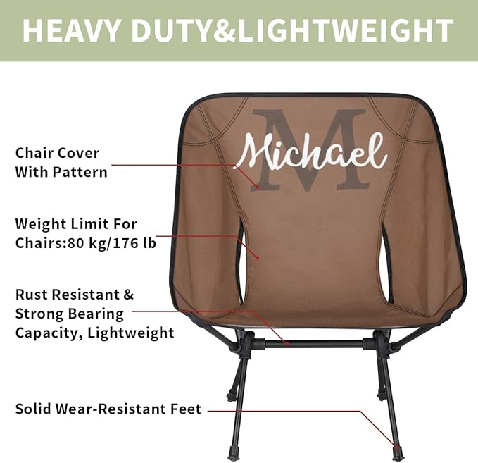 Custom Brown Portable Camping Chair Personalized Backpacking Chair with Name Lightweight Foldable Chairs for Hiking Beach