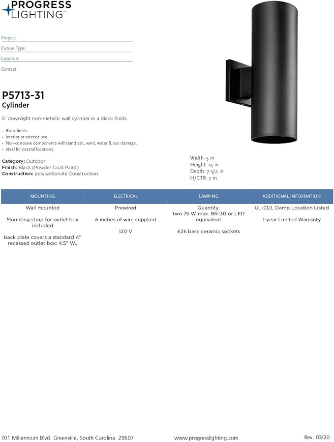 Progress Lighting 5-Inch Cylinder Outdoor Wall Sconce 2-Light Modern Wall Mount Up and Down Lights Interior and Exterior Lighting for Home or Porch Polycarbonate Construction Black (P5713-31)