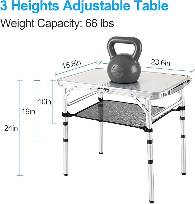 Small Folding Camping Table 2ft Portable Table with 3 Adjustable Heights Aluminum Lightweight Foldable Picnic Table with Mesh Layer and Extension Legs for RV BBQ and Indoor (Silver)