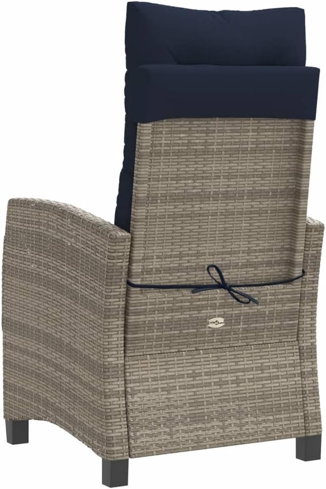 2-Piece Reclining Garden Chair Set with Adjustable Armrests Grey Poly Rattan and Navy Blue Cushions for Patio Outdoor Lounge Furniture with Durable Weather-Resistant
