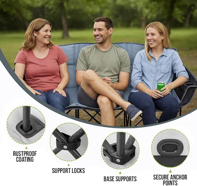 GoTEAM! Portable Folding Bench Couch – 3 Seat Collapsible Outdoor Chair with Cup Holders &amp Carry Bag – Heavy Duty 600D Nylon for Camping Sports Tailgating Beach &amp Backyard (Blue/Gray)