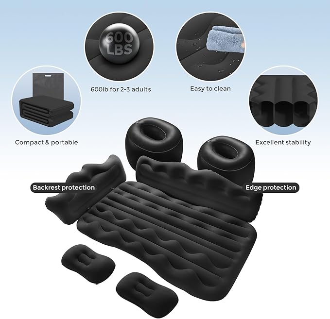 BEBAS Car Air Mattress Inflatable Truck Camping Mattress for Back Seat Thickened SUV Portable Travel Sleeping Pads with 2 Pillows &amp Air Pumps Fits Most Sedan/Pickup/Van Black Bed