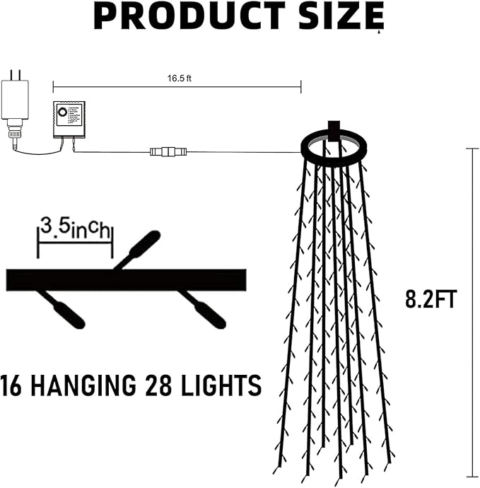 Dazzle Bright Christmas Tree Lights 448 LED Waterfall Tree Topper Lights with Remote &amp 8 Lighting Modes 8.2FT X 16 Lines Christmas Light for Outdoor Yard Party Xmas Trees Decoration (Multi-Color
