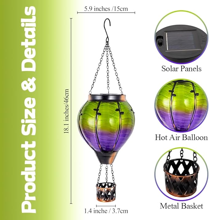 Gradient Hot Air Balloon Solar Lanterns Outdoor WaterproofGradient Glass Solar Hanging Hot Air Balloon Lantern with Flame Flickering Lights for PatioPorchYard Decor