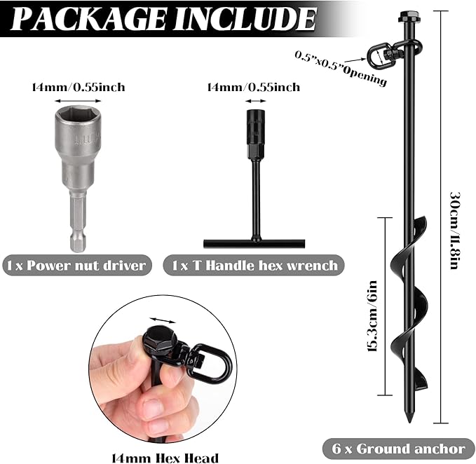 6 Pack Ground Anchor Heavy Duty Earth Anchors with T Handle Hex Wrench &amp Power Nut Driver Metal Stakes Ground Anchors Screw in for Swing Trampoline Tents Securing Animals