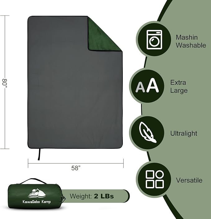 Fleece Waterproof Outdoor Blanket - Windproof Stadium Blanket for Camping Picnics and Sports Stay Dry and Comfortable 80x 58(Green)