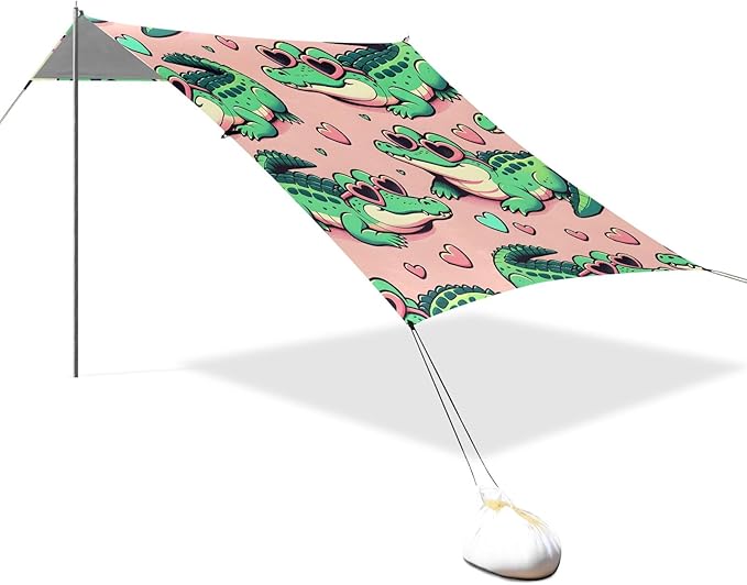 Cartoon Alligator Crocodiles Sunbathing Heart Glasses Pink Camping Sun Shelter Beach Tent Portable Beach Sun Shade Outdoor Canopy for Camping Trips Fishing Picnic