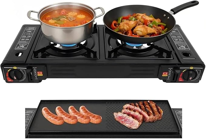 2-Burner Portable Camping Stove Butane Camping Stove Outdoor Travel Camp Stove for Camping BBQ Home (with Grill Tray)