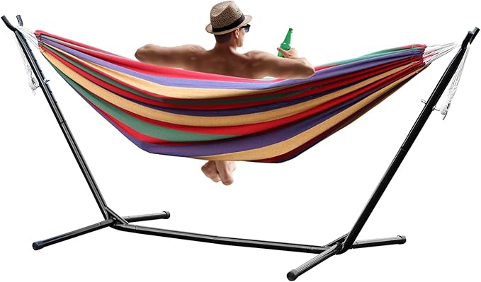Double Hammock with StandBasics Double Hammock with Space Saving Metal Stand Indoor Hammock Stand with Carrying Bag Strong Load-BearingSuit for Outside Indoor Yard Camping Red