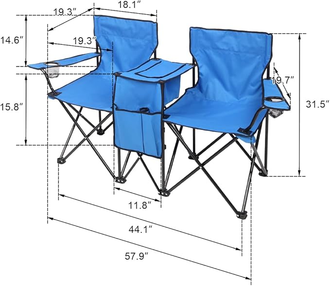 Portable 2 Seat Folding Camp ChairDouble Camping Chairs with Umbrella with Cooler Bag Beverage Holder Carrying Bag Foldable Lawn Chair for Outside Picnic Beach (Blue)