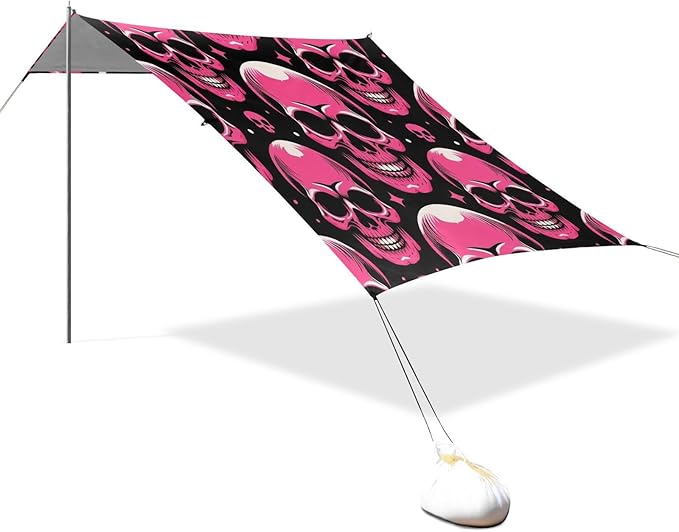 ALAZA Pink Skull Stars &amp Polka Dots Beach Tent Sun Shelter UPF50+ Protection Beach Shade Canopy w/ 4 Sandbags for Outdoor Camping Fishing Backyard Fun Picnic 10x9 ft