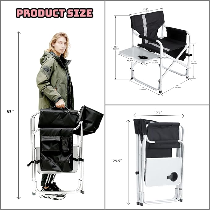 400LBS Heavy Duty Camping Director Chair - Lightweight Aluminum Frame with Foldable Side Table 600D Oxford Seat &amp 3 Storage Pockets Portable for CampingSportsIndoor/Outdoor Adults Use