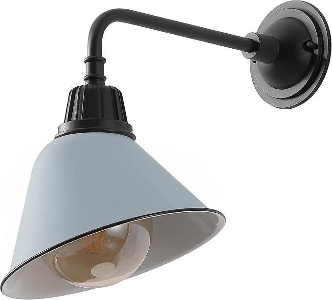 JONATHAN Y 9.63 Matte Silver Blue/Black Farmhouse Outdoor Sconce Industrial LED Wall Light Gooseneck Arm Barn Lamp with Metal Bell Shade for Porch Patio Kitchen LED Bulb Included (JYL7612K)