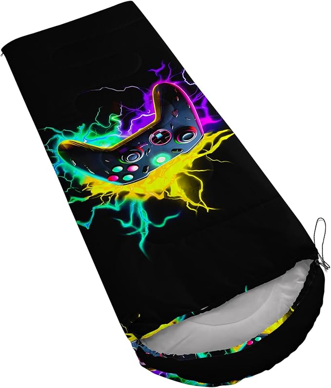 Axolotl Gaming Sleeping Bag for Boys Girls KidsGamepad Waterproof Portable Camping Bag3 Season Warm Cool Weather Lightweight Compact Camping Essentials Gear for Travelling Hiking Green Purple Orange