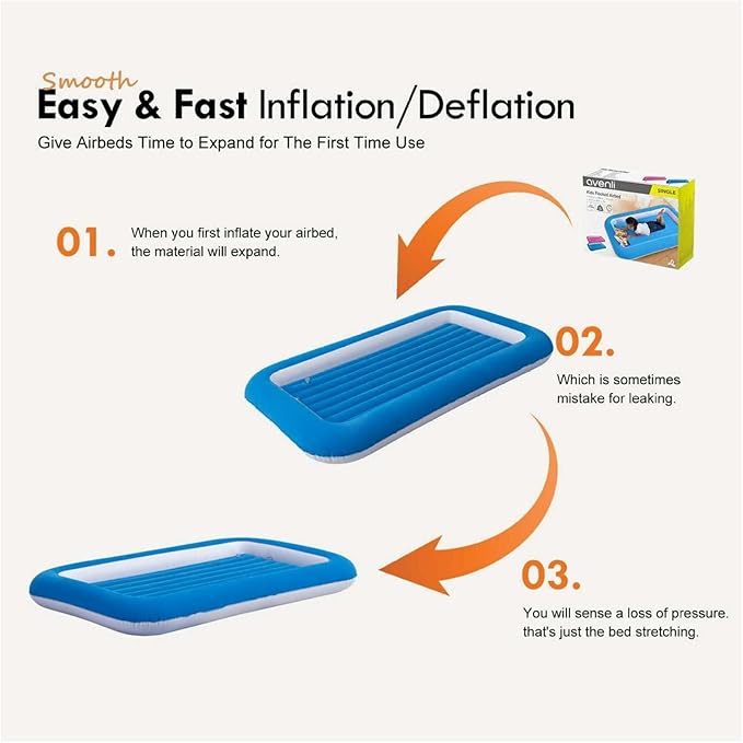 Travel Air Mattress Inflatable Bed with Raised Sides Blue - Portable Camping Airbed for Sleepovers Guests Travel - 60 x 35 x 7 Inch