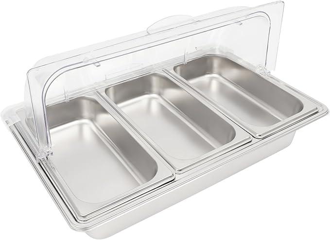3-Compartment Stainless Steel Food Display Server with Clear Roll-Top Lid &amp Buckles Countertop Buffet Pan for Restaurant Hotel Kitchen Party 2.38 Gal