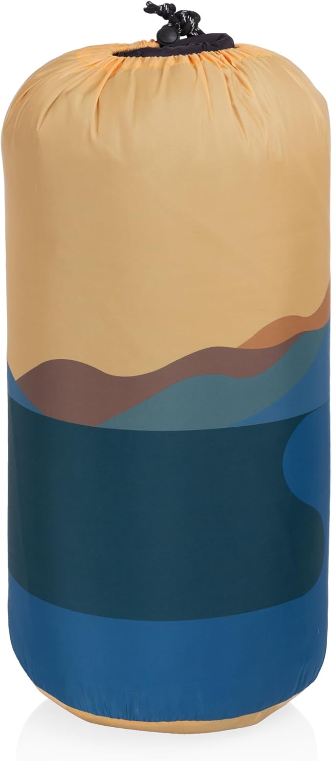 Picnic TIME Aura Outdoor Puffer Blanket Water-Repellent Puffy Printed Picnic Blanket for Camping and Park Large Cozy Outdoor Mat with Drawstring Bag Corner Loops and Pocket (Sunrise Mountain)