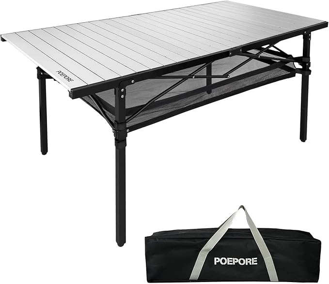 Large Folding Camping Table Aluminum with Storage for 4-6 People 55X27.5 Roll Up Tall Outdoor Portable Table Lightweight with Carry Bag for Picnic BBQ Backyard Beach