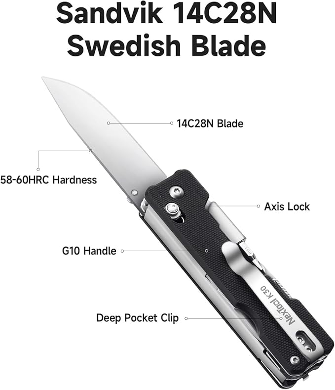 NexTool Knight K30 Axis Lock Folding Pocket Knife 11-in-1 Multitool with 2.76 14C28N Steel Blade EDC Knife and G10 Handle Crossbar Lock Knives for EDC Camping Hiking Survival Gifts for Men