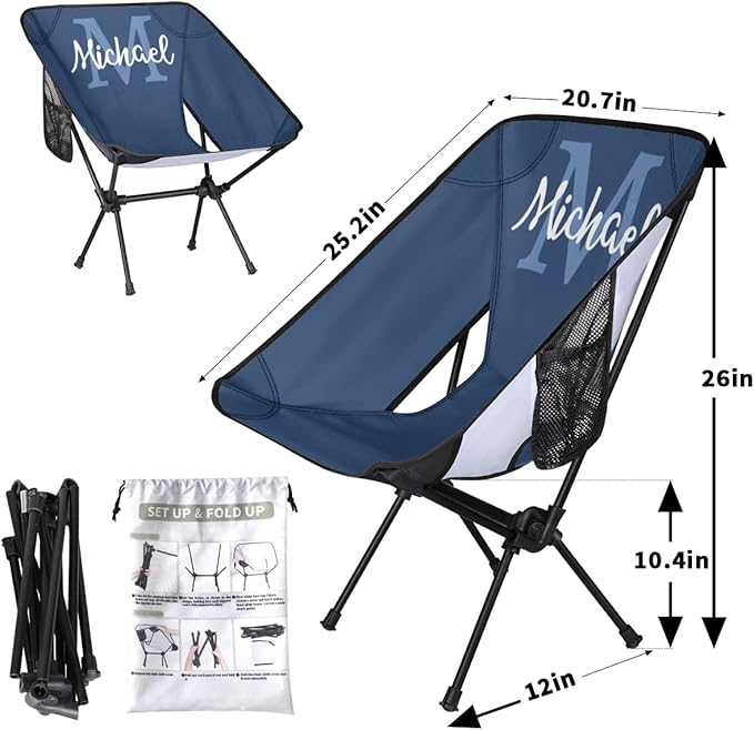 Custom Dark Blue Portable Camping Chair Personalized Backpacking Chair with Name Lightweight Foldable Chairs for Hiking Beach