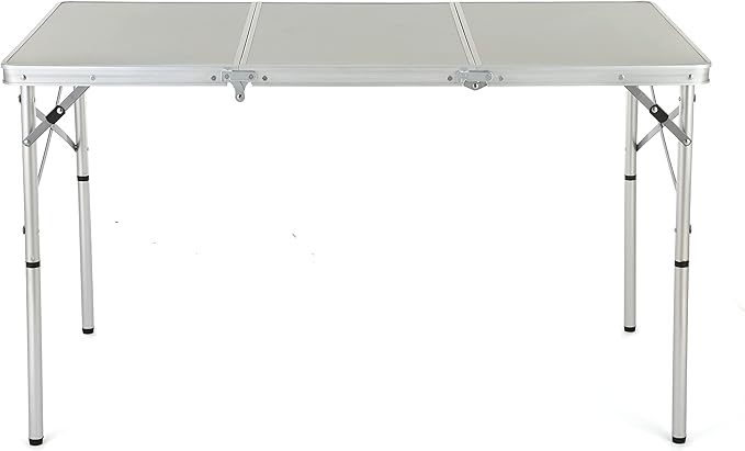 ARROWHEAD OUTDOOR 4’ ft Heavy-Duty Portable Aluminum Frame Folding Table w/Leveling Feet Solid Tabletop Surface 2 Adjustable Heights Carrying Case Included Lightweight USA-Based Support