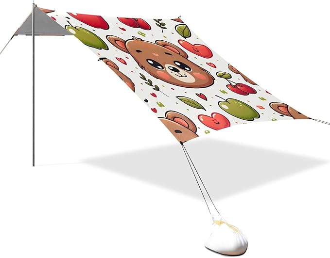 Cute Cartoon Bear Face with Cherry Camping Sun Shelter Beach Tent Portable Beach Sun Shade Outdoor Canopy for Camping Trips Fishing Picnic