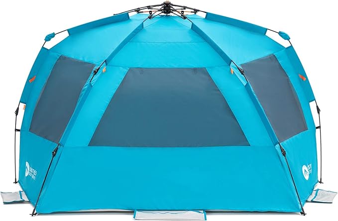 Easthills Outdoors Instant Shader Enhanced Deluxe XL Beach Tent Easy Set Up 4-6 Person Popup Sun Shelter 99 Wide for Family UPF 50+ Double Silver Coating with Extended Zippered Floor Pacific Blue