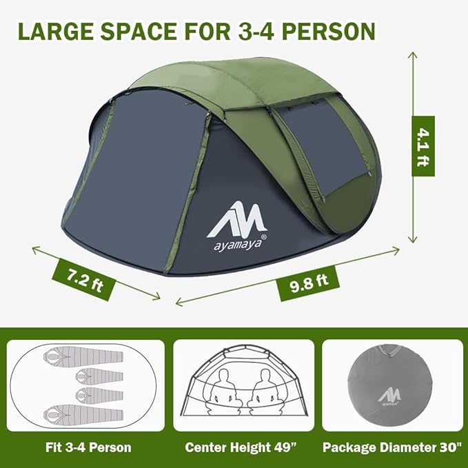4 Person Pop Up Tents for Camping - AYAMAYA Waterproof Instant Family Tents with Skylight &amp Removable Rainfly Upgraded Large Size with 2 Doors -Automatic Easy Setup Beach Tent with Poles