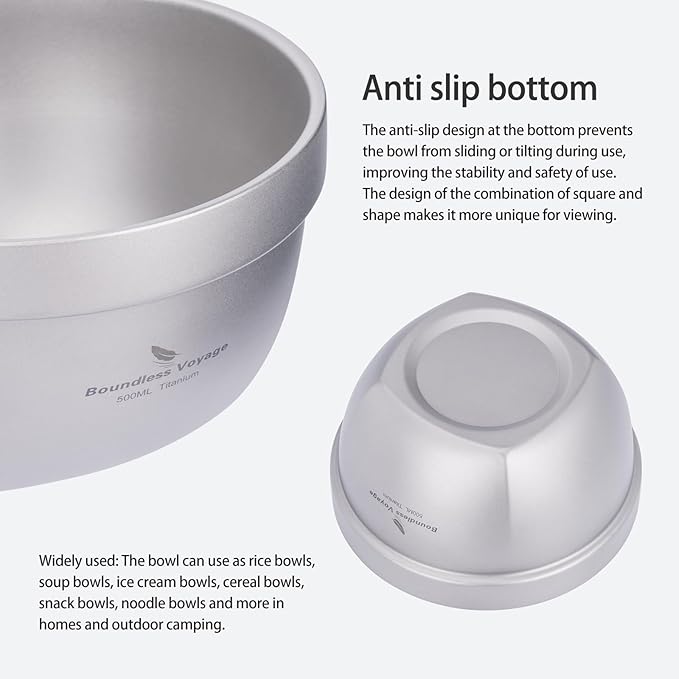 Boundless Voyage Titanium Double Walled Bowl - Ultralight Portable Tableware for Oatmeal Rice Soup Yogurt - Outdoor Camping Metal Bowl (500ml)
