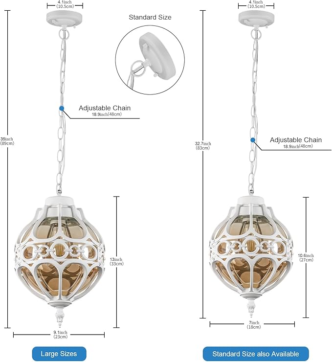 Globe Outdoor Pendant Lights White Aluminum Waterproof Hanging Light Fixture for Porch Entryway Hallway Vintage Round Exterior Chandelier Outside Pendant Lamp with Amber Glass 2 Pack