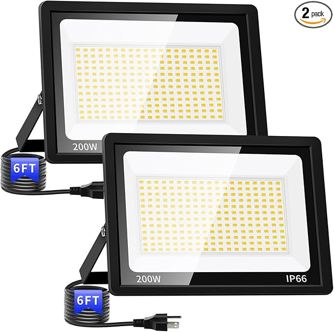 200W Flood Lights Outdoor 24000lm Bright Security Light with Plug &amp 6ft Cord 5000K Daylight White Exterior LED Floodlight IP66 Waterproof LED Work Light Yard Lights for Garage Stadium 2 Pack