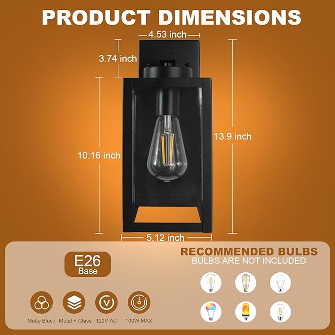 Outdoor Light Fixture 14IN Matte Black Front Porch Light with Glass Shades Exterior Waterproof Wall Mount Lantern with E26 Sockets Outside Lights for House Garage Doorway Patio 2 Pack