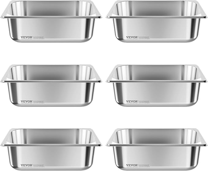 VEVOR 6 Pack Stainless Steam Hotel Pans 1/2 Size Table Steam Pan 4 Inch Deep Anti Jam Restaurant Supplies Reusable Rustproof Catering Storage for Home Party Restaurant Hotel Buffet
