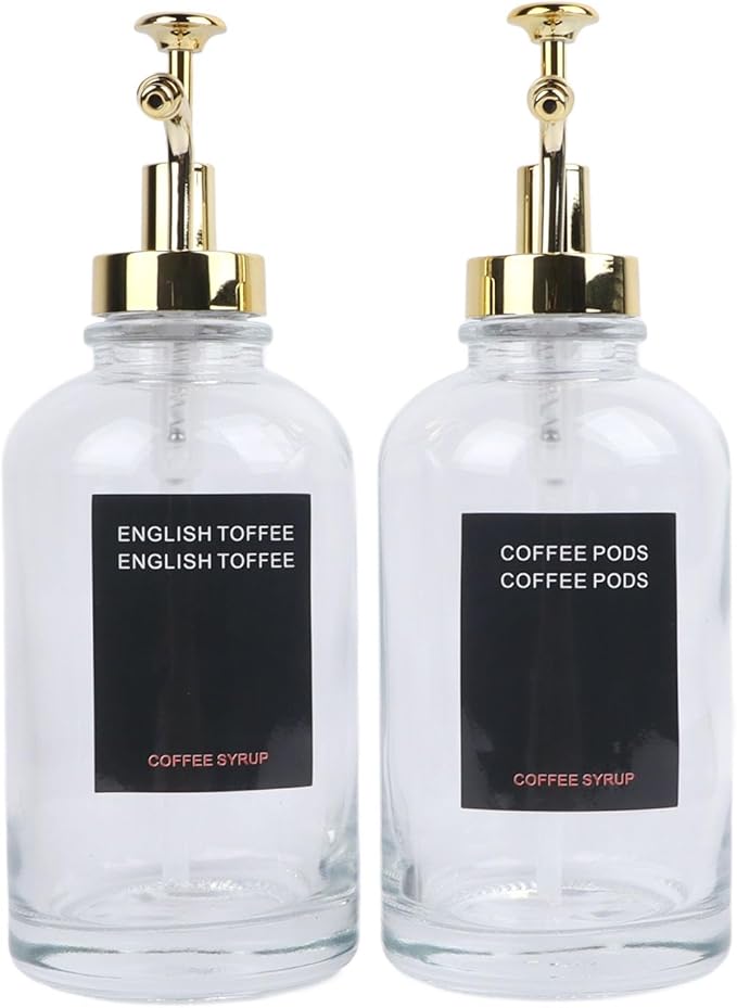 ZJchao Syrup Dispenser Coffee Bar Essentials with 9 Labels 500ml 2PCS Coffee Syrup Transparent Glass Pump Dispenser For Bar For Storing Syrups Olive Oil Soy Sauce