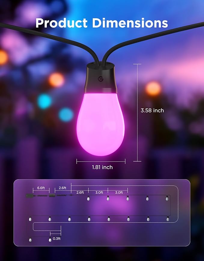 Govee S14 Bulb Outdoor String Lights 2 48ft Smart RGBIC Warm White Patio Lights with 15 LED Bulbs 111 Scene Modes for Outdoor Decor Upgraded IP66 Compatible with Alexa Google Matter APP Control