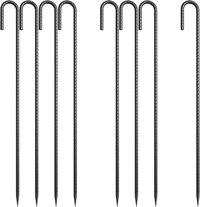 24 Inch J Hook Rebar Stakes 3/8 Thick 8 Pack Extra Heavy Duty Black E-Coated Steel Ground Anchors for Greenhouse Carport Commercial Bounce House High Wind Areas &amp Soft Soil