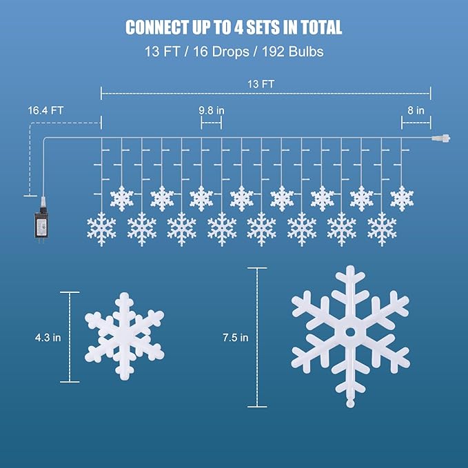 Brightown Christmas Snowflake Lights Outdoor - 13FT 192LED Snowflake String 16 Drops 12 Modes Timer IP65 Waterproof Connectable Xmas Lights for Eaves Windows Indoors &amp Outdoors